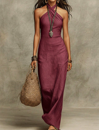 Women's Halterneck Dress | Maxi Length Sleeveless Linen Tie Closure