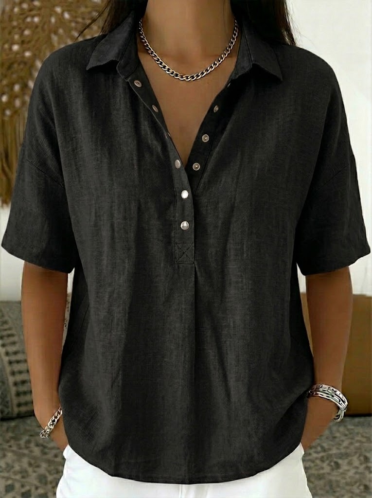Women's Summer Top | Polo Collar Short Sleeve Cotton Linen