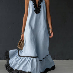 Women's Cocktail Dress | Maxi Ruffle Hem Sleeveless Linen