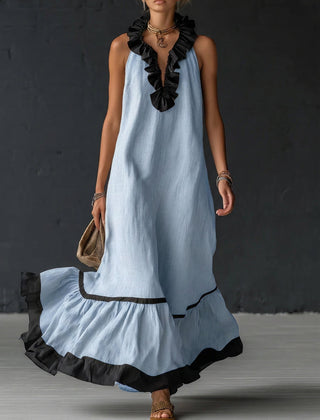 Women's Cocktail Dress | Maxi Ruffle Hem Sleeveless Linen