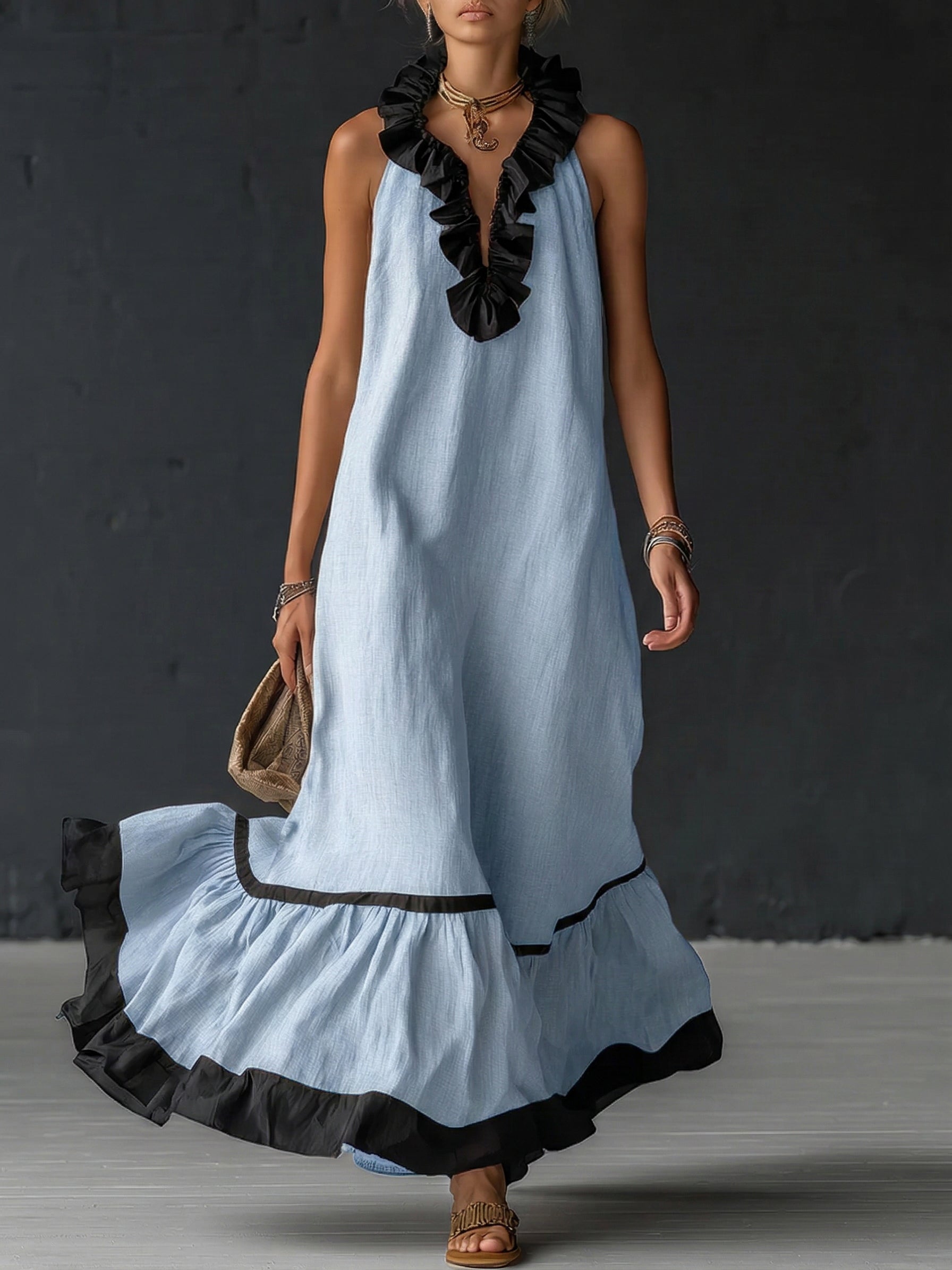 Women's Cocktail Dress | Maxi Ruffle Hem Sleeveless Linen