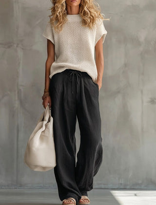 Women's Two Piece Set | Knit Crew Neck Short Sleeve Linen