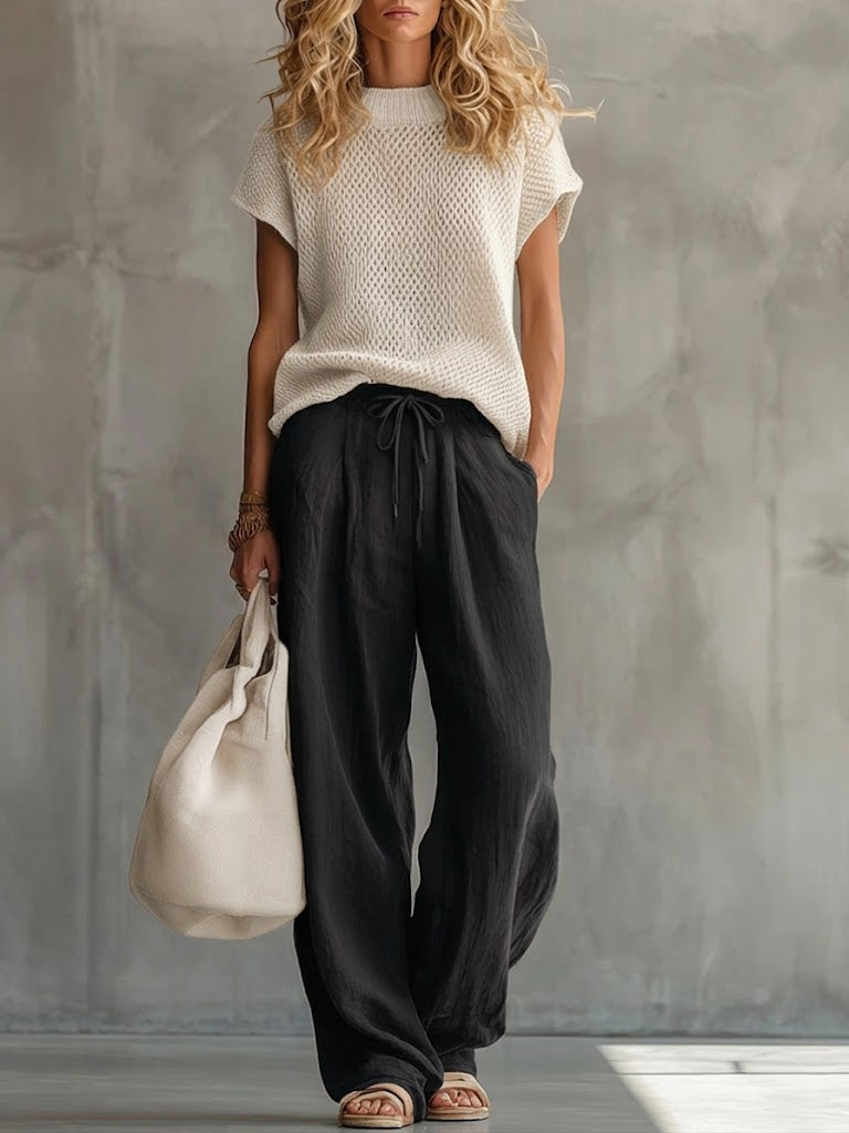 Women's Two Piece Set | Knit Crew Neck Short Sleeve Linen
