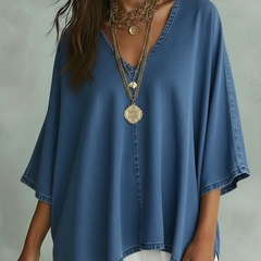 Women's Denim Top | V-Neck Relaxed Fit Three-Quarter Sleeve