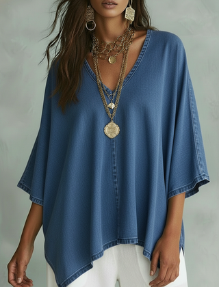 Women's Denim Top | V-Neck Relaxed Fit Three-Quarter Sleeve