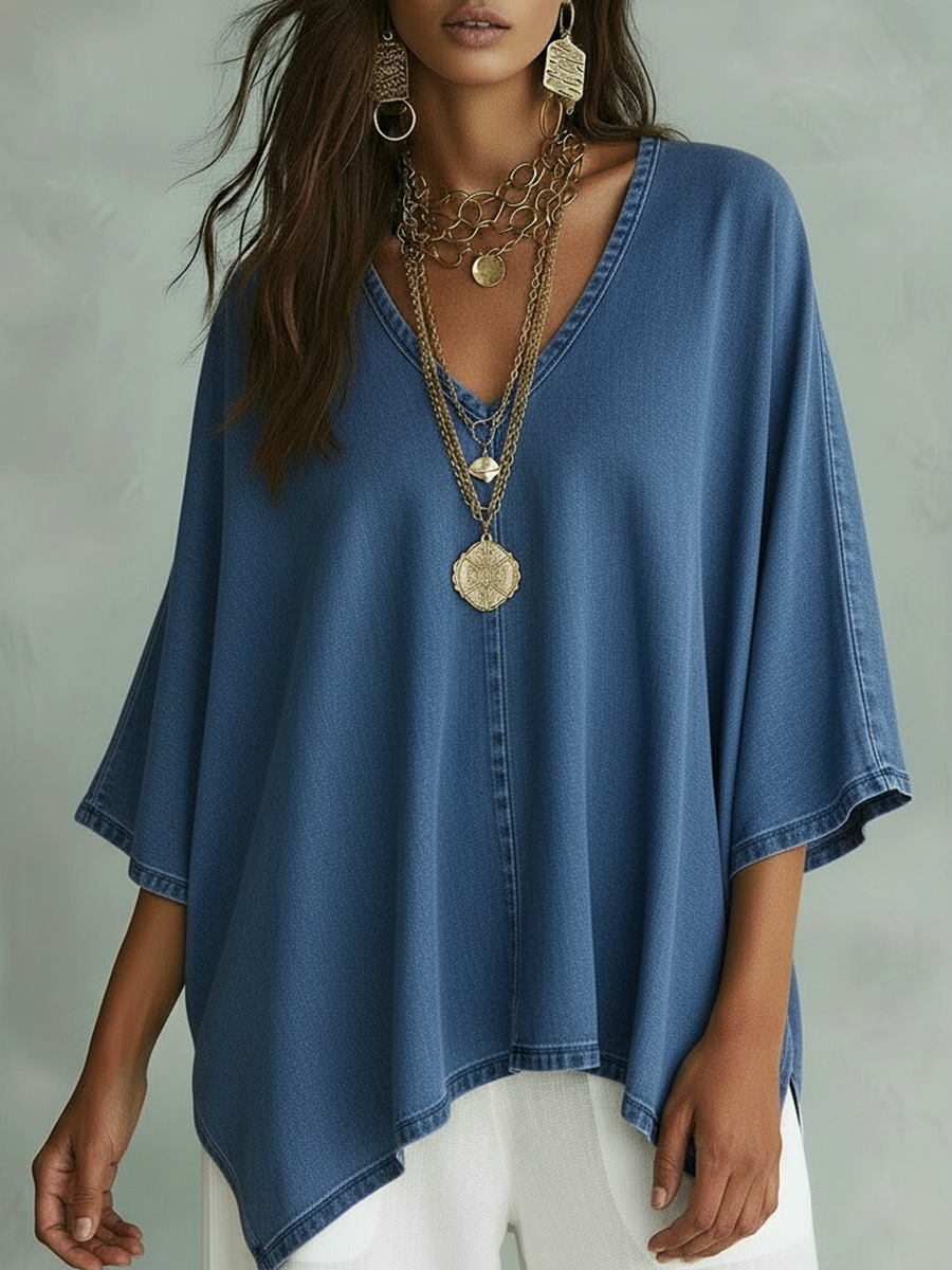 Women's Denim Top | V-Neck Relaxed Fit Three-Quarter Sleeve