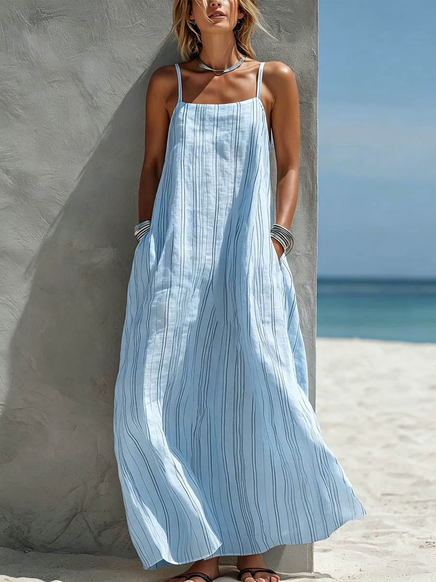 Women's Sundress | Maxi Length Sleeveless Striped Linen