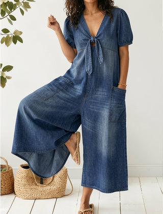 Women's Denim Jumpsuit | V-Neck Short Sleeve Midi Relaxed