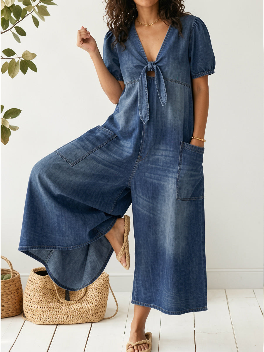 Women's Denim Jumpsuit | V-Neck Short Sleeve Midi Relaxed