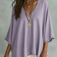 Women's Denim Top | V-Neck Relaxed Fit Three-Quarter Sleeve