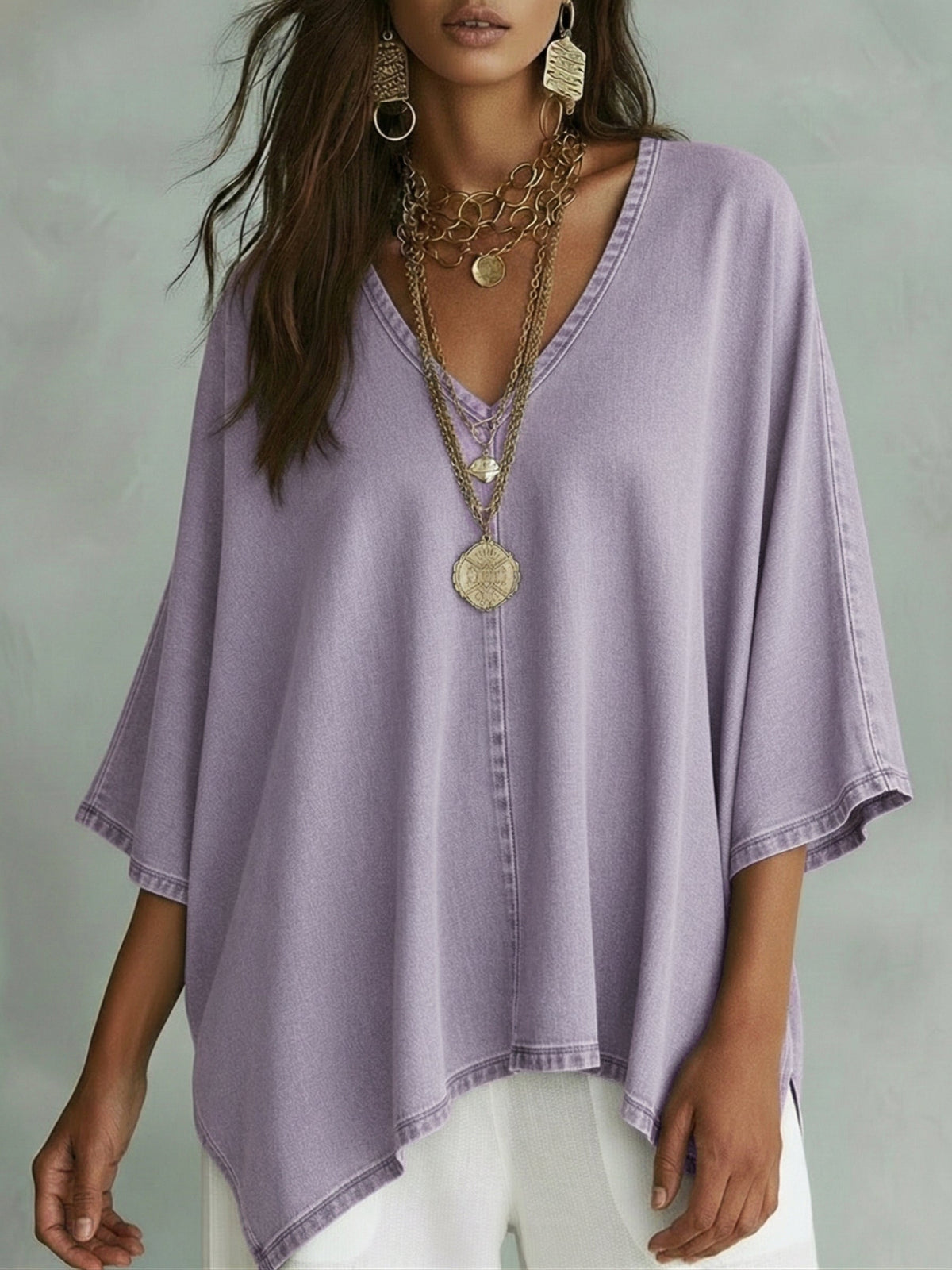 Women's Denim Top | V-Neck Relaxed Fit Three-Quarter Sleeve
