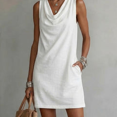 Women's Cotton Dress | Draped Neckline Sleeveless Shift