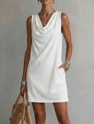 Women's Cotton Dress | Draped Neckline Sleeveless Shift