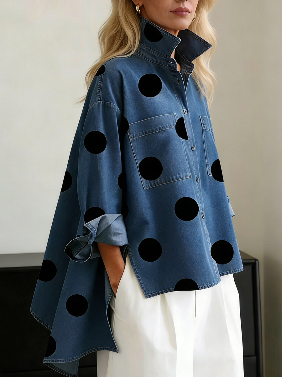 Women's Tank Top | Stand Collar Long Sleeve Cotton Polka Dot