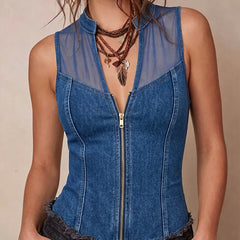 Women's Denim Top | V-Neck Sleeveless Mesh Panel Zip