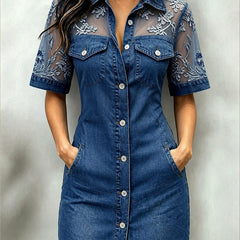 Women's Denim Mini Dress | Collared Short Sleeve Button Closure