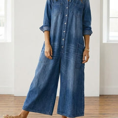 Women's Denim Jumpsuit | Button Front Relaxed Fit Wide Leg
