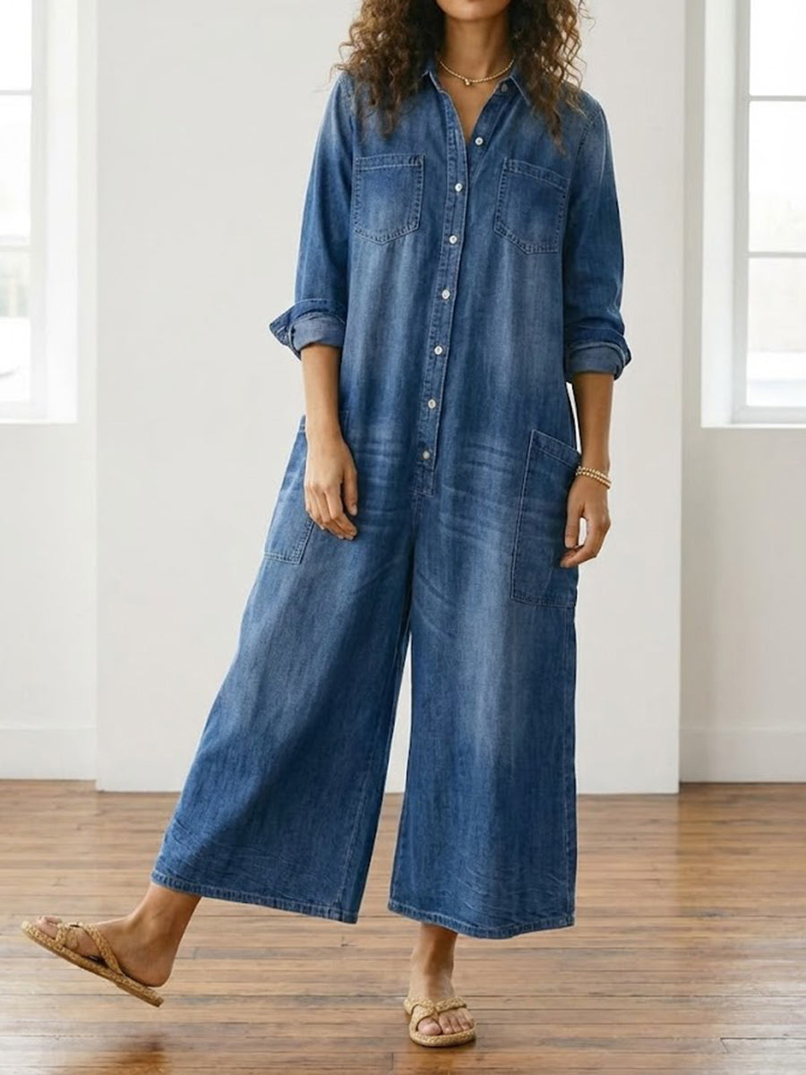 Women's Denim Jumpsuit | Button Front Relaxed Fit Wide Leg