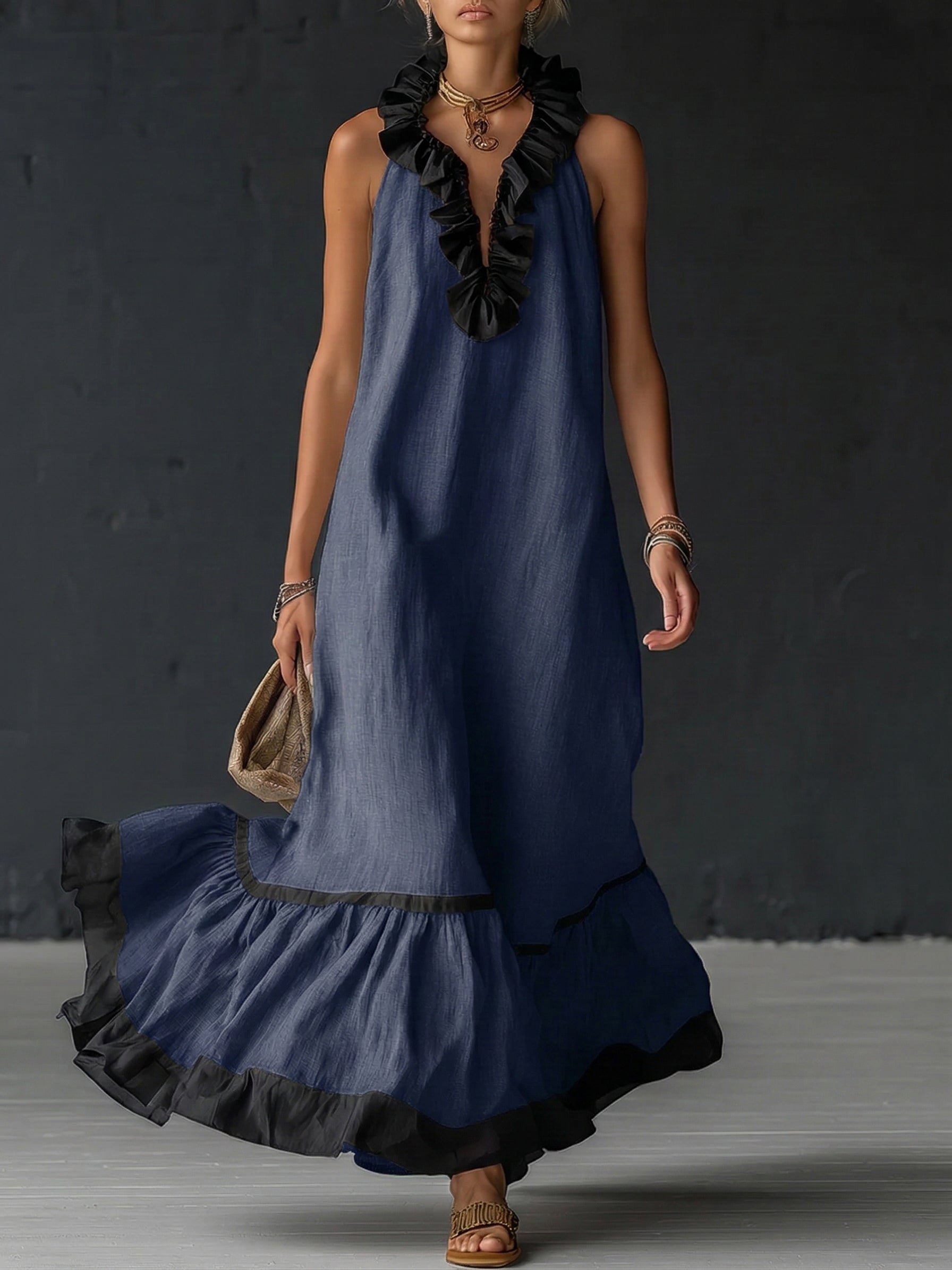 Women's Cocktail Dress | Maxi Ruffle Hem Sleeveless Linen