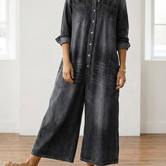 Women's Denim Jumpsuit | Button Front Relaxed Fit Wide Leg