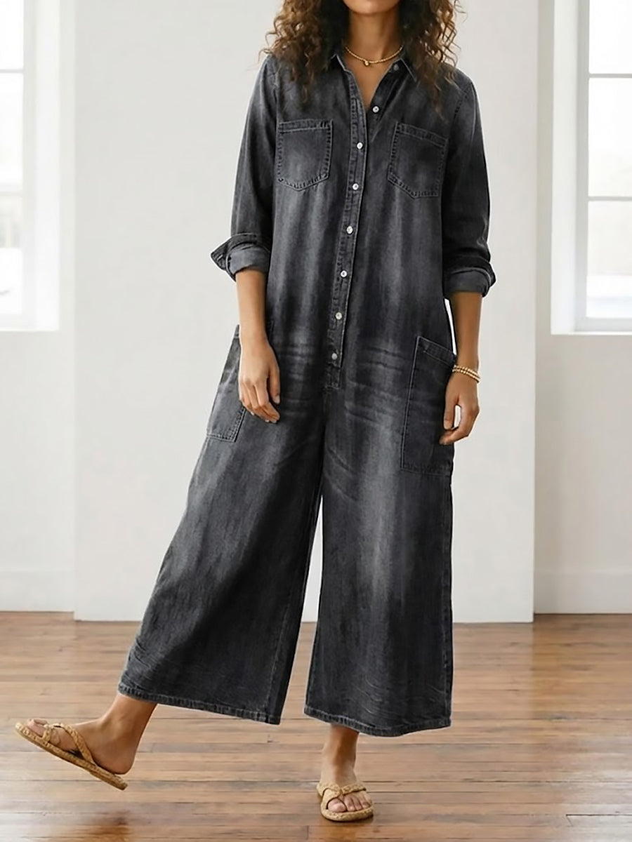 Women's Denim Jumpsuit | Button Front Relaxed Fit Wide Leg