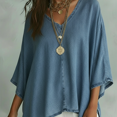 Women's Denim Top | V-Neck Relaxed Fit Three-Quarter Sleeve
