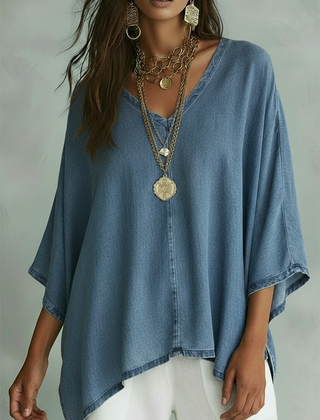 Women's Denim Top | V-Neck Relaxed Fit Three-Quarter Sleeve