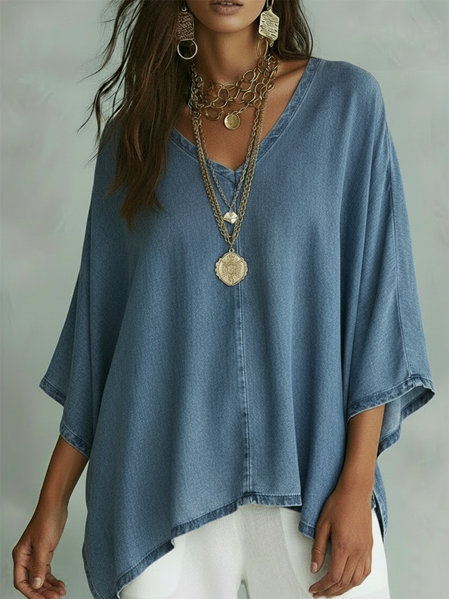 Women's Denim Top | V-Neck Relaxed Fit Three-Quarter Sleeve