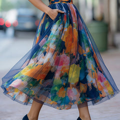 Women's Skort | Midi Length Floral Print Mesh Elastic Waist