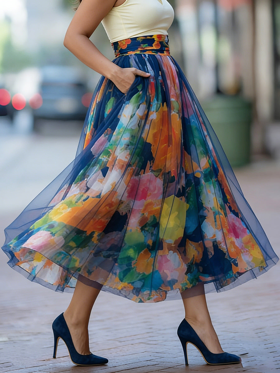 Women's Skort | Midi Length Floral Print Mesh Elastic Waist