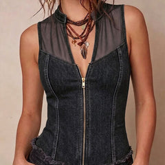 Women's Denim Top | V-Neck Sleeveless Mesh Panel Zip