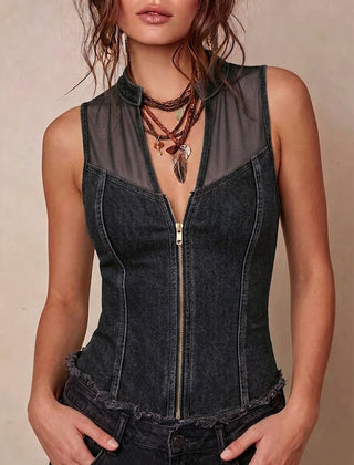 Women's Denim Top | V-Neck Sleeveless Mesh Panel Zip