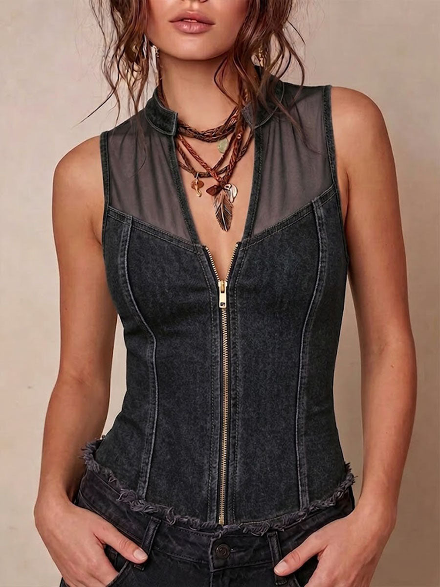 Women's Denim Top | V-Neck Sleeveless Mesh Panel Zip