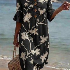 Women's Linen Dress | Midi Length V-Neck Floral Button