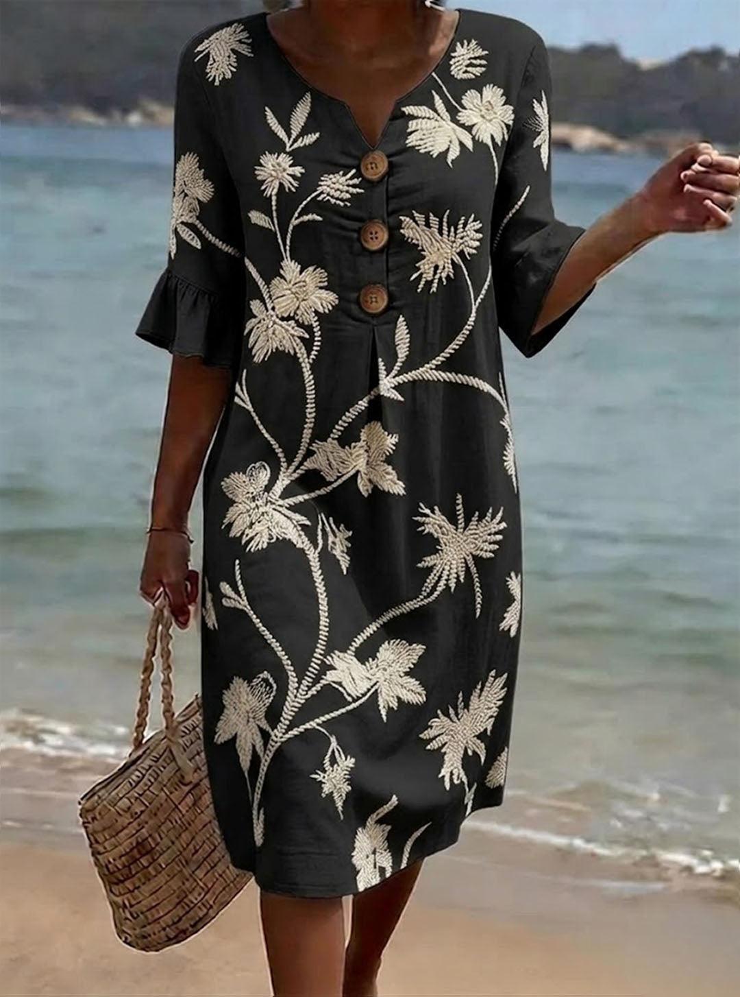 Women's Linen Dress | Midi Length V-Neck Floral Button