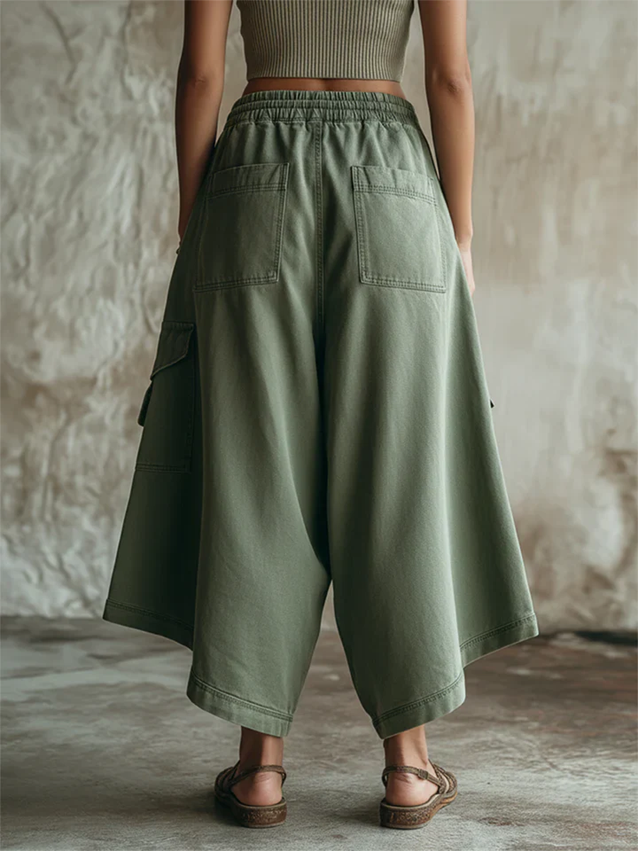 Women's Cargo Pants | Midi Length Drawstring Wide Leg Cotton