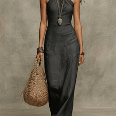 Women's Halterneck Dress | Maxi Length Sleeveless Linen Tie Closure