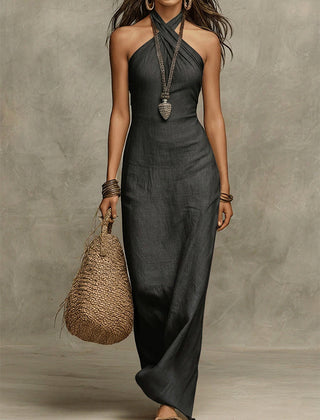 Women's Halterneck Dress | Maxi Length Sleeveless Linen Tie Closure