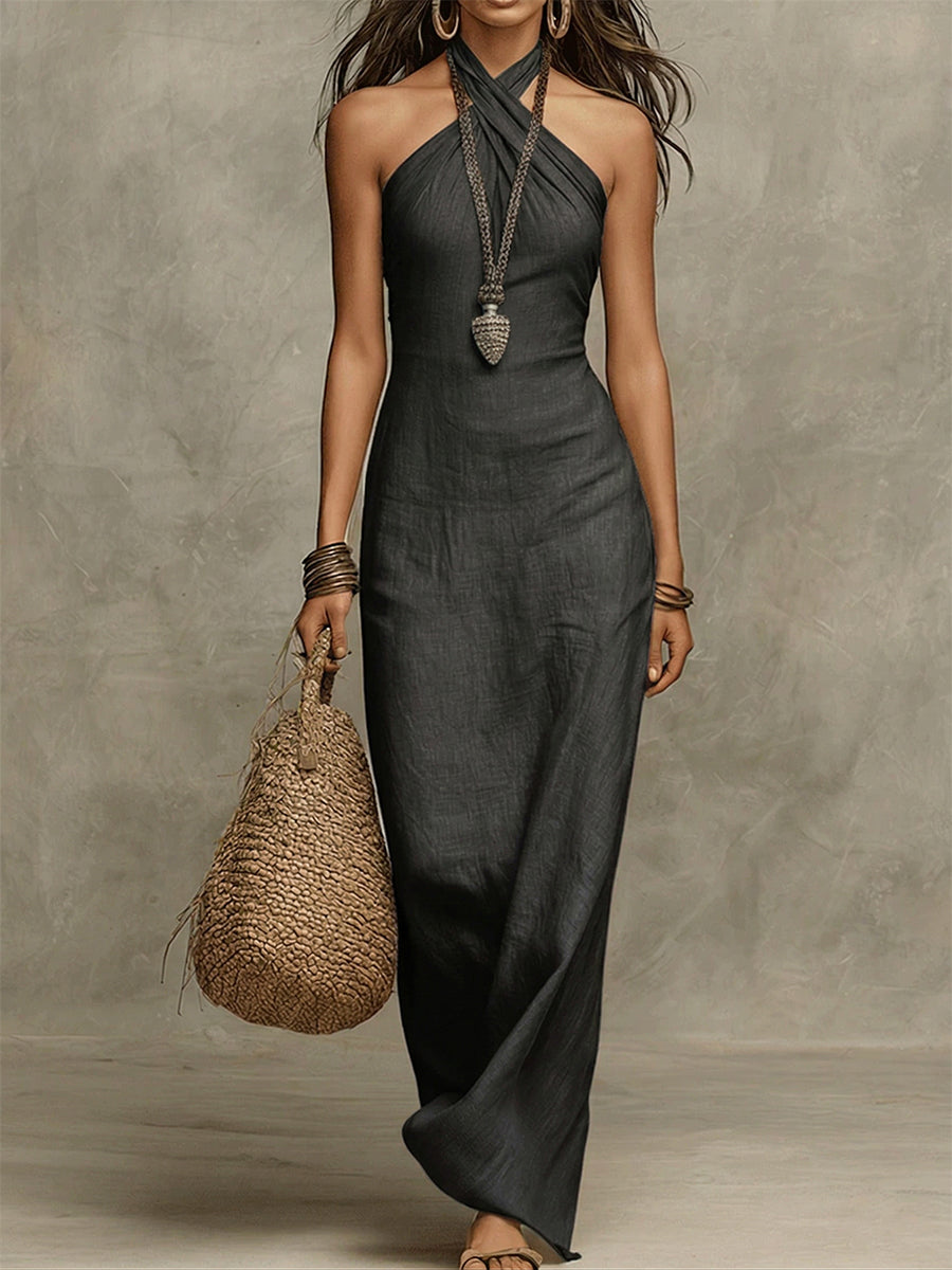 Women's Halterneck Dress | Maxi Length Sleeveless Linen Tie Closure