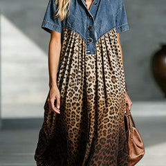 Women's Short Sleeve Dress | Midi Length Denim Leopard Print
