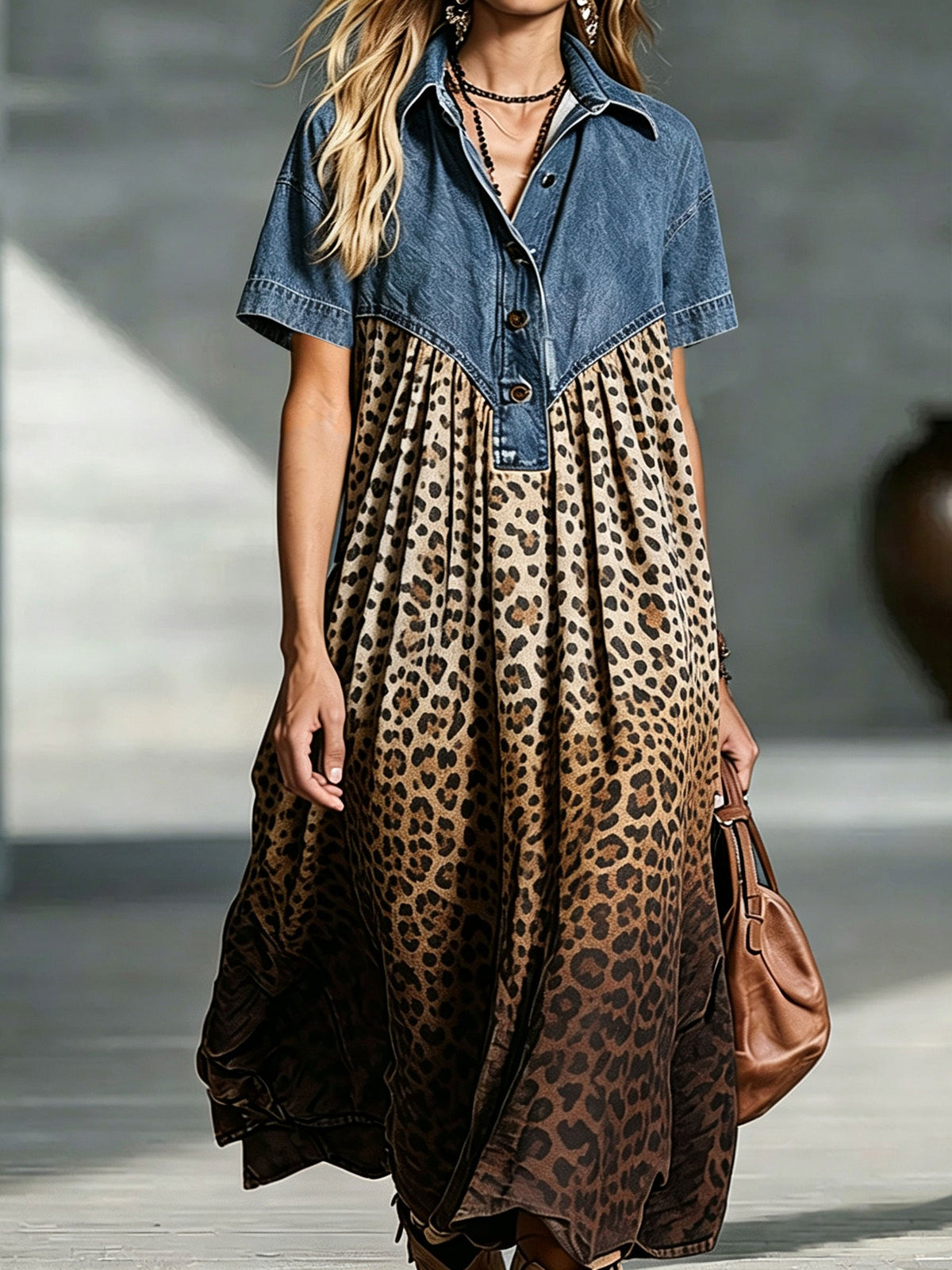 Women's Short Sleeve Dress | Midi Length Denim Leopard Print