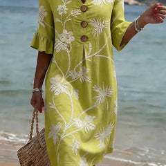 Women's Linen Dress | Midi Length V-Neck Floral Button