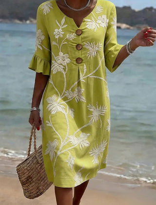 Women's Linen Dress | Midi Length V-Neck Floral Button
