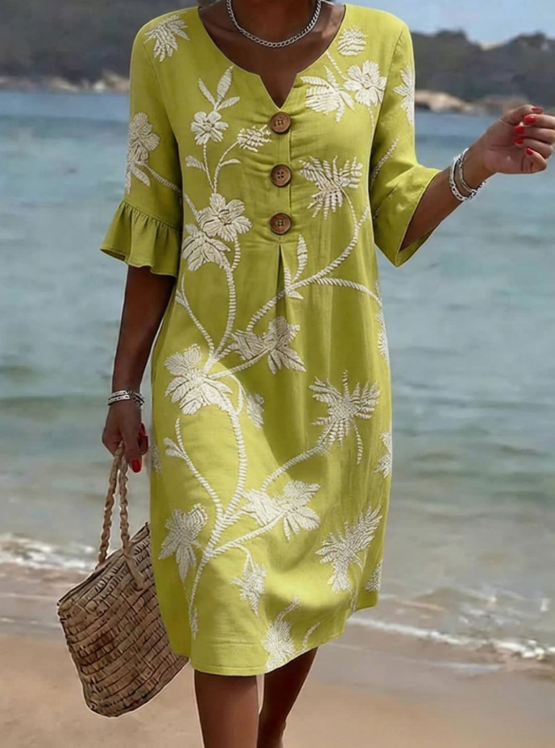 Women's Linen Dress | Midi Length V-Neck Floral Button