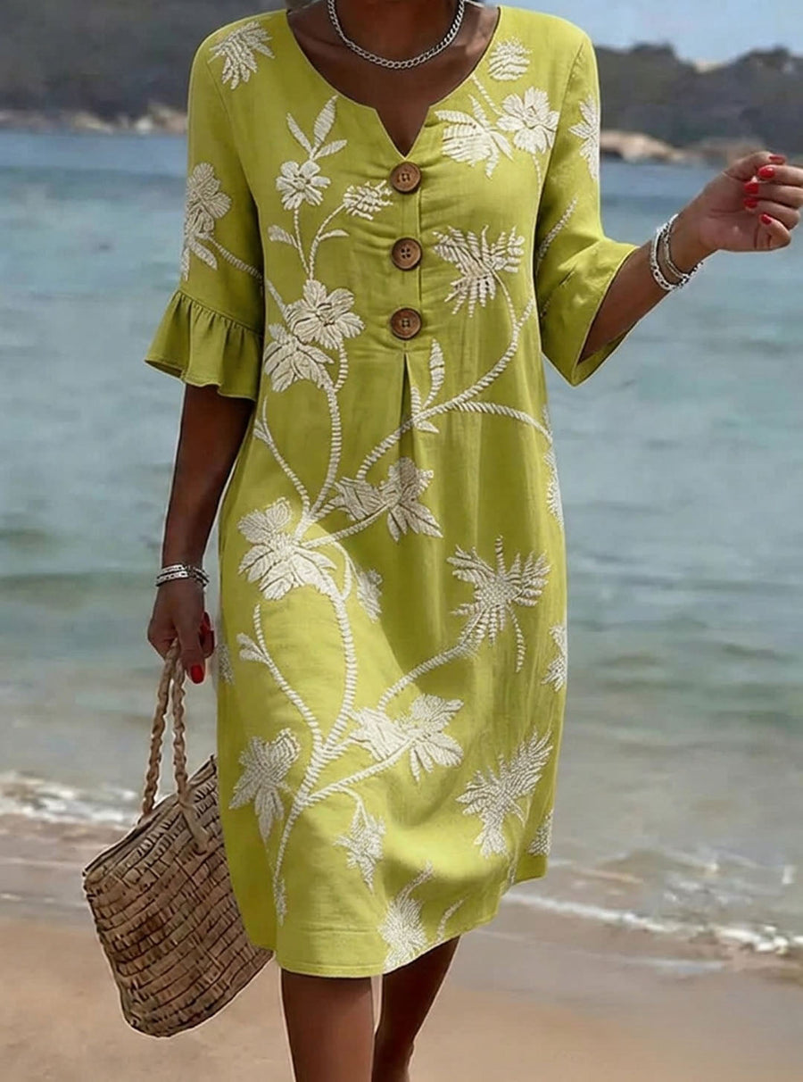 Women's Linen Dress | Midi Length V-Neck Floral Button