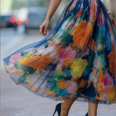 Women's Skort | Midi Length Floral Print Mesh Elastic Waist