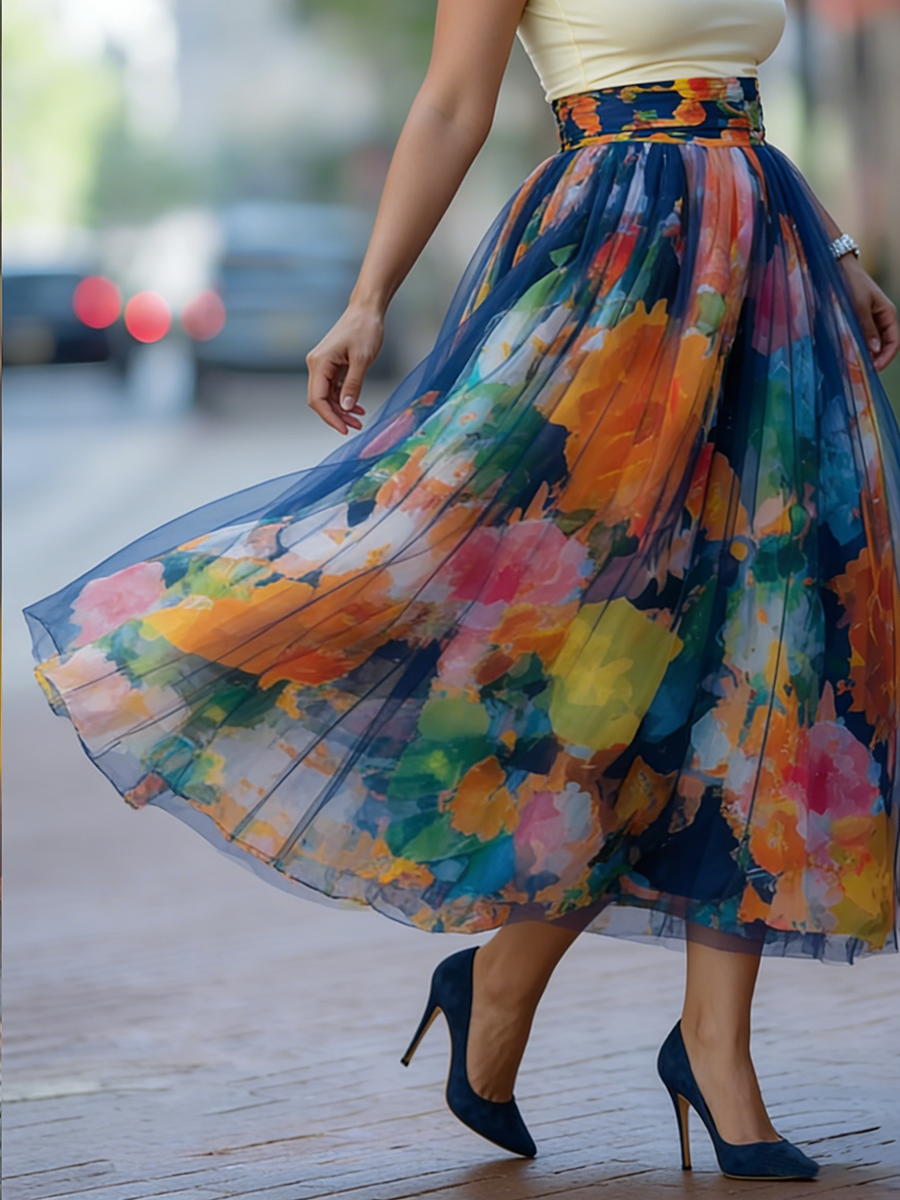 Women's Skort | Midi Length Floral Print Mesh Elastic Waist