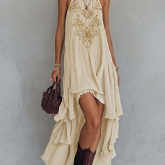 Women's Halterneck Dress | Maxi Irregular Ruffle V-Collar Sleeveless