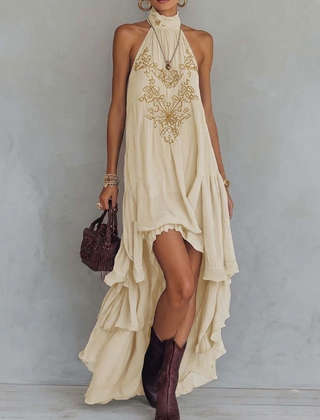 Women's Halterneck Dress | Maxi Irregular Ruffle V-Collar Sleeveless