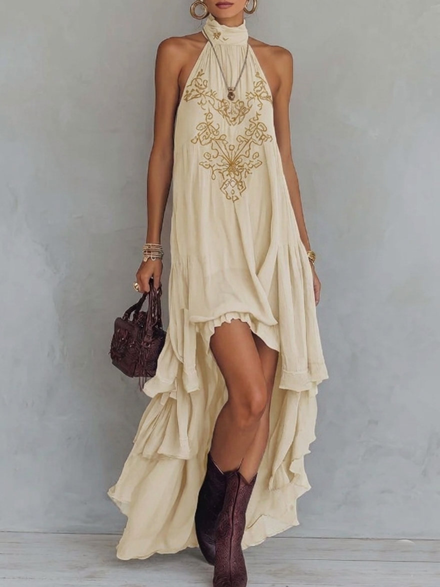 Women's Halterneck Dress | Maxi Irregular Ruffle V-Collar Sleeveless